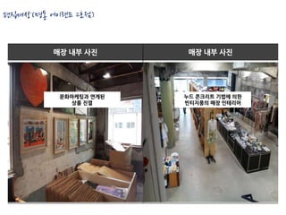 편집매장(명동 에이랜드 2호점)


         매장 내부 사진       매장 내부 사진




          문화마케팅과 연게된   누드 콘크리트 기법에 의한
            상품 진열      빈티지풍의 매장 인테리어
 