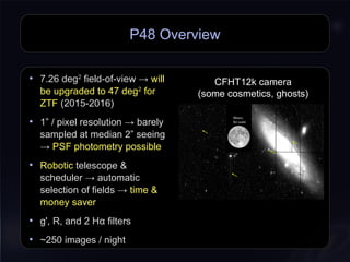 P48 Overview
• 7.26 deg2
field-of-view → will
be upgraded to 47 deg2
for
ZTF (2015-2016)
• 1” / pixel resolution → barely
sampled at median 2” seeing
→ PSF photometry possible
• Robotic telescope &
scheduler → automatic
selection of fields → time &
money saver
• g', R, and 2 Hα filters
• ~250 images / night
CFHT12k camera
(some cosmetics, ghosts)
CFHT12k camera
(some cosmetics, ghosts)
 