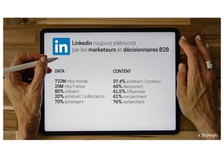 Linkedin toujours plébiscité
par les marketeurs et décisionnaires B2B
DATA
722M mbs monde
20M mbs France
85% utilisent
20%...