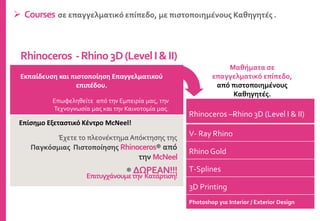 Rhinoceros –Rhino 3D (Level I & II)
V- Ray Rhino
Rhino Gold
T-Splines
3D Printing
Photoshop για Interior / Exterior Design
Έχετε το πλεονέκτημα Απόκτησης της
Παγκόσμιας Πιστοποίησης Rhinoceros® από
την McNeel
® ΔΩΡΕΑΝ!!!
Rhinoceros -Rhino3D(LevelI&II)
Εκπαίδευση και πιστοποίηση Επαγγελματικού
επιπέδου.
Επωφεληθείτε από την Εμπειρία μας, την
Τεχνογνωσία μας και την Καινοτομία μας.
Επίσημο Εξεταστικό Κέντρο McNeel!
 Courses σε επαγγελματικό επίπεδο, με πιστοποιημένους Καθηγητές .
Επιτυγχάνουμετην Κατάρτιση!
Μαθήματα σε
επαγγελματικό επίπεδο,
από πιστοποιημένους
Καθηγητές.
 