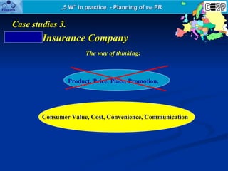 „ 5 W” in practice  - Planning of  the  PR Insurance Company Case stud ies 3. Product, Price, Place, Promotion,  The way o...