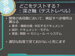 どこをテストする？
:  深さ軸（テストレベル）
•  開発の各段階において、検証すべき場所は
異異なる
Ø 要求・機能仕様:  対応するドキュメント
Ø 設計:  ドキュメント・モデル
Ø 実装:  関数  ⇒  モジュール  ⇒  システム
•  適切切な粒粒度度で⾒見見ておかないと死にます
2015/01/31 MVP Community Camp 2015 大阪会場
 