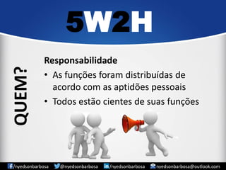 Responsabilidade 
•As funções foram distribuídas de acordo com as aptidões pessoais 
•Todos estão cientes de suas funções 
5W2H 
/nyedsonbarbosa @nyedsonbarbosa /nyedsonbarbosa nyedsonbarbosa@outlook.com 
QUEM?  