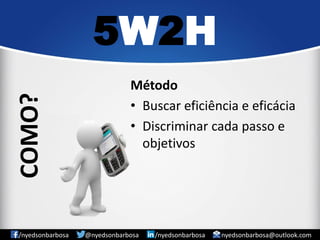 Método 
•Buscar eficiência e eficácia 
•Discriminar cada passo e objetivos 
5W2H 
/nyedsonbarbosa @nyedsonbarbosa /nyedsonbarbosa nyedsonbarbosa@outlook.com 
COMO?  