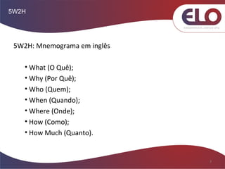 5W2H
3
5W2H: Mnemograma em inglês
• What (O Quê);
• Why (Por Quê);
• Who (Quem);
• When (Quando);
• Where (Onde);
• How (Como);
• How Much (Quanto).
 