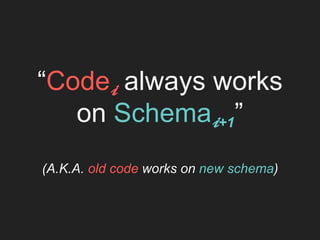 “Code𝓲 always works
on Schema𝓲+1”
(A.K.A. old code works on new schema)
 