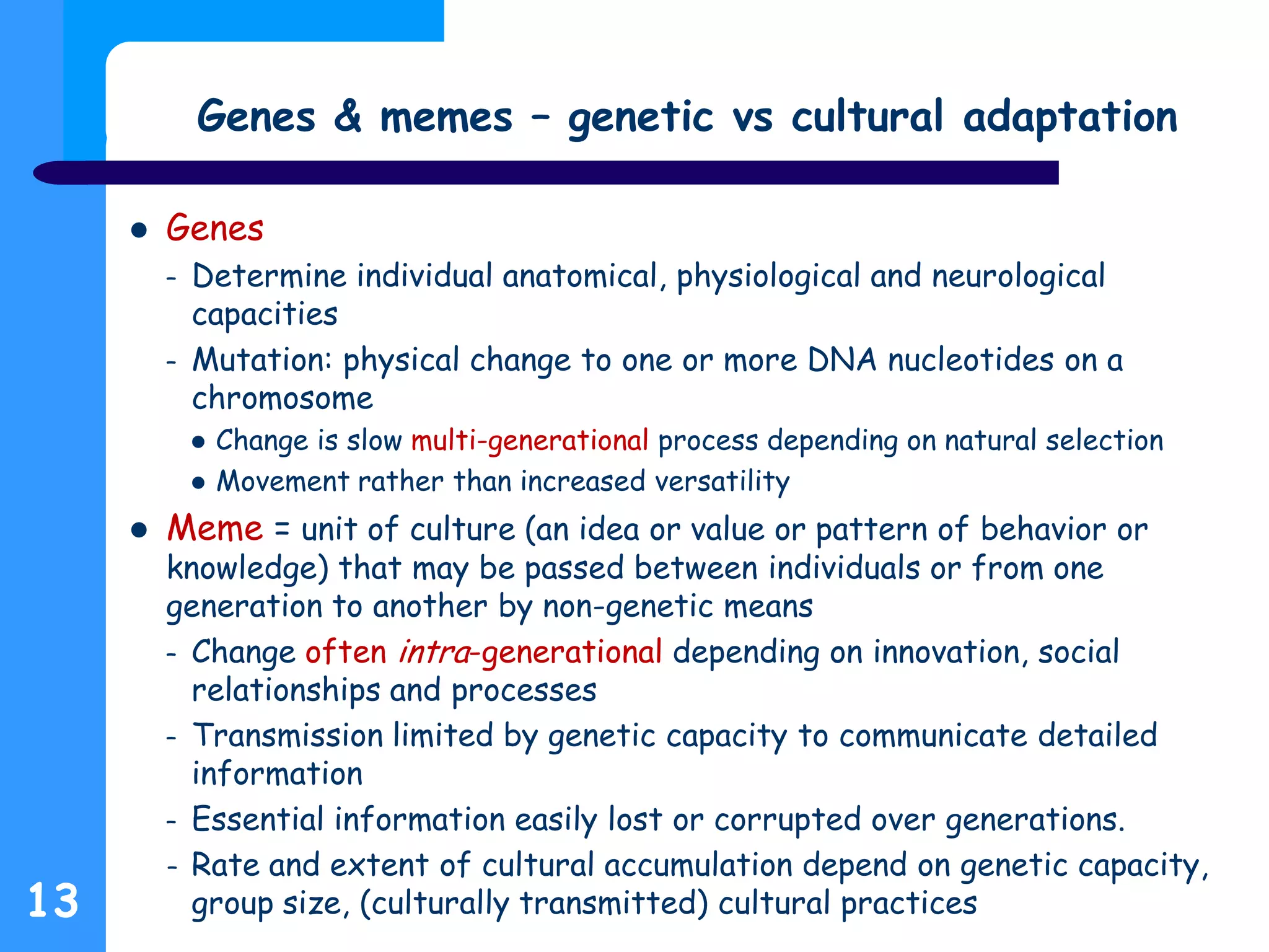 Genes & memes – genetic vs cultural adaptation
 Genes
– Determine individual anatomical, physiological and neurological
capacities
– Mutation: physical change to one or more DNA nucleotides on a
chromosome
 Change is slow multi-generational process depending on natural selection
 Movement rather than increased versatility
 Meme = unit of culture (an idea or value or pattern of behavior or
knowledge) that may be passed between individuals or from one
generation to another by non-genetic means
– Change often intra-generational depending on innovation, social
relationships and processes
– Transmission limited by genetic capacity to communicate detailed
information
– Essential information easily lost or corrupted over generations.
– Rate and extent of cultural accumulation depend on genetic capacity,
group size, (culturally transmitted) cultural practices13
 