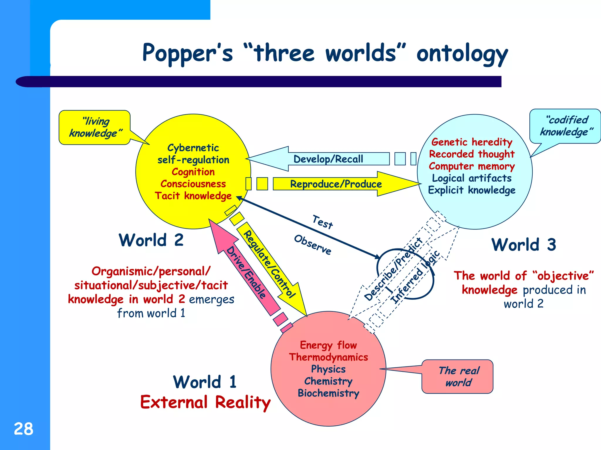 Popper’s “three worlds” ontology
Energy flow
Thermodynamics
Physics
Chemistry
Biochemistry
Cybernetic
self-regulation
Cognition
Consciousness
Tacit knowledge
Genetic heredity
Recorded thought
Computer memory
Logical artifacts
Explicit knowledge
Reproduce/Produce
Develop/Recall
World 1
External Reality
World 2
Organismic/personal/
situational/subjective/tacit
knowledge in world 2 emerges
from world 1
World 3
The world of “objective”
knowledge produced in
world 2
“living
knowledge”
“codified
knowledge”
The real
world
28
 