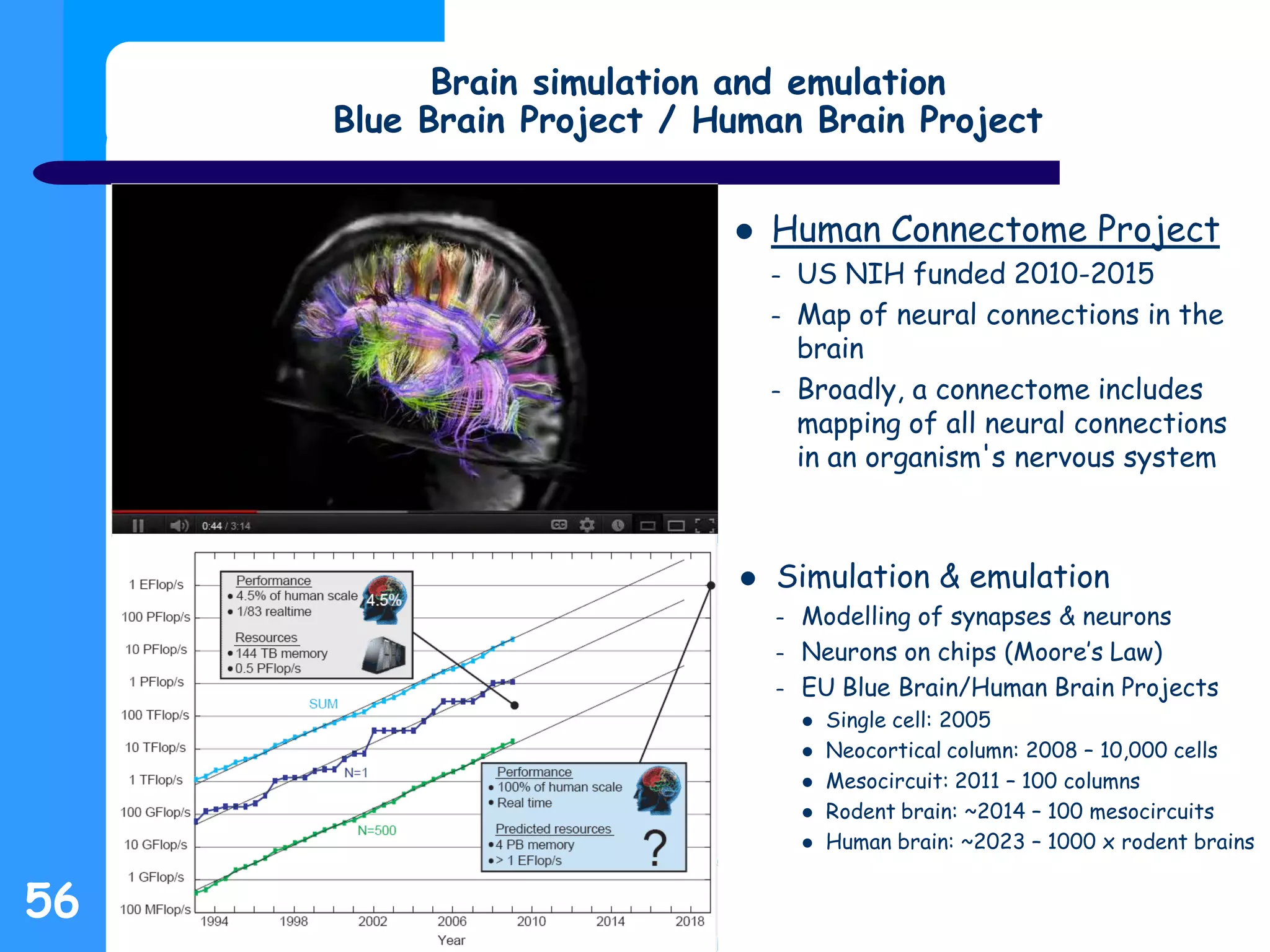 Brain simulation and emulation
Blue Brain Project / Human Brain Project
 Human Connectome Project
– US NIH funded 2010-2015
– Map of neural connections in the
brain
– Broadly, a connectome includes
mapping of all neural connections
in an organism's nervous system
 Simulation & emulation
– Modelling of synapses & neurons
– Neurons on chips (Moore’s Law)
– EU Blue Brain/Human Brain Projects
 Single cell: 2005
 Neocortical column: 2008 – 10,000 cells
 Mesocircuit: 2011 – 100 columns
 Rodent brain: ~2014 – 100 mesocircuits
 Human brain: ~2023 – 1000 x rodent brains
56
 