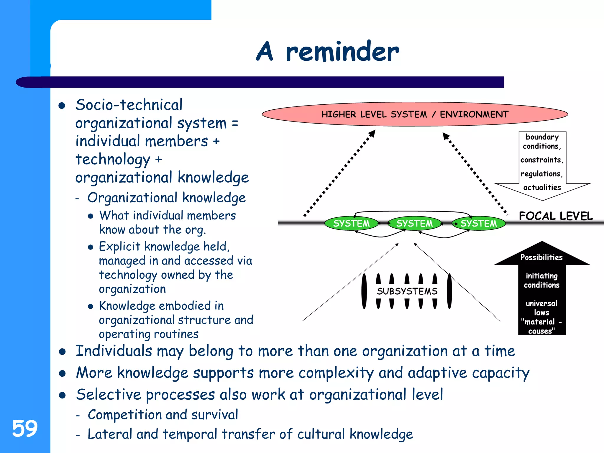 A reminder
 Socio-technical
organizational system =
individual members +
technology +
organizational knowledge
– Organizational knowledge
 What individual members
know about the org.
 Explicit knowledge held,
managed in and accessed via
technology owned by the
organization
 Knowledge embodied in
organizational structure and
operating routines
 Individuals may belong to more than one organization at a time
 More knowledge supports more complexity and adaptive capacity
 Selective processes also work at organizational level
– Competition and survival
– Lateral and temporal transfer of cultural knowledge59
 