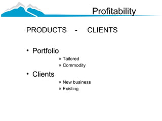 Profitability

PRODUCTS           -      CLIENTS

• Portfolio
            » Tailored
            » Commodity

• Clients
            » New business
            » Existing
 