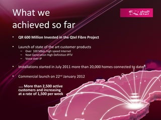 What we
achieved so far
•   QR 600 Million Invested in the Qtel Fibre Project

•   Launch of state of the art customer products
     –   Over 100 Mbps high speed Internet
     –   Next Generation High Definition IPTV
     –   Voice over IP

•   Installations started in July 2011 more than 20,000 homes connected to date

•   Commercial launch on 22nd January 2012

    .... More than 2,500 active
    customers and increasing
    at a rate of 1,500 per week
 