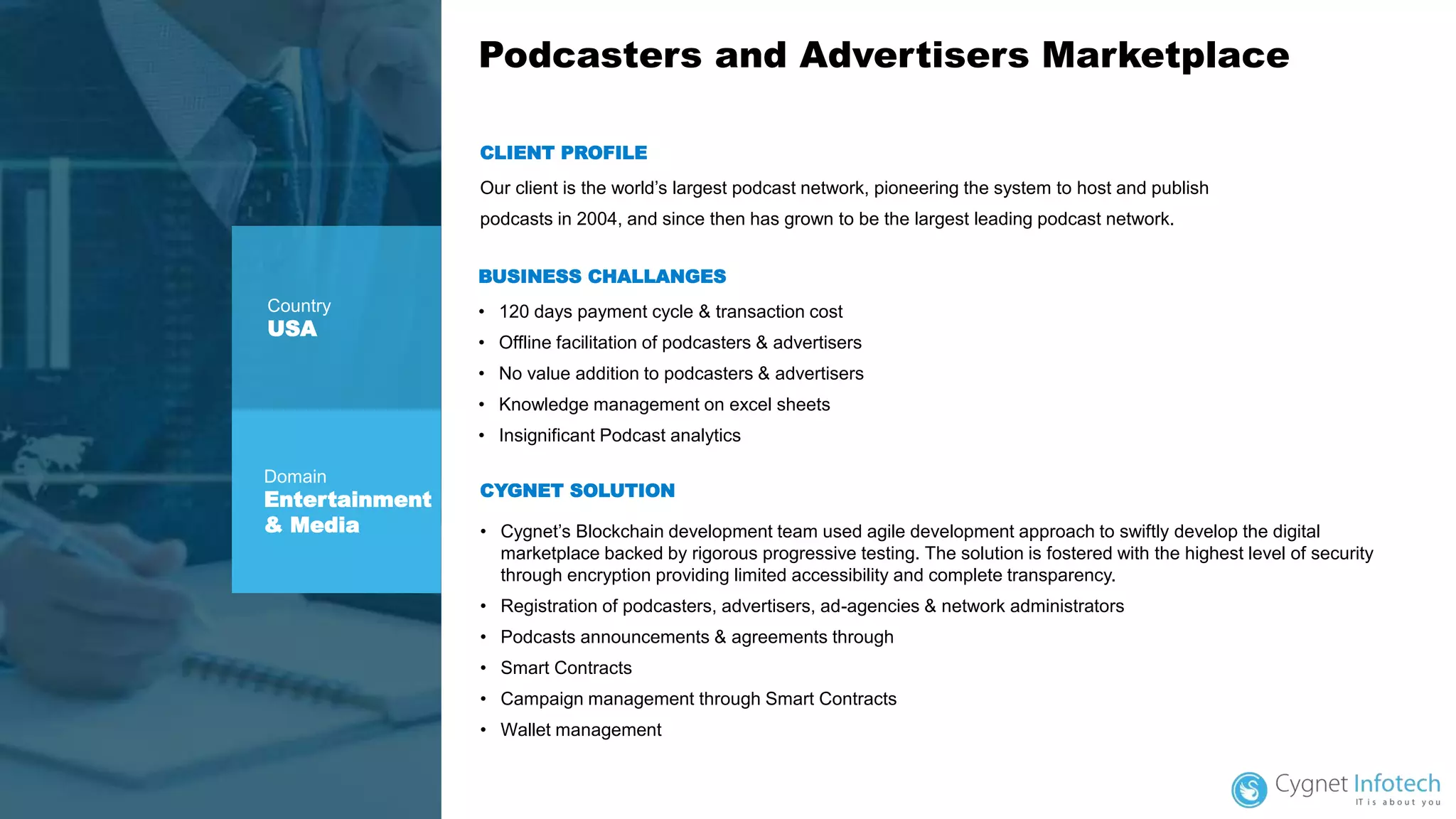 Podcasters and Advertisers Marketplace
CLIENT PROFILE
Our client is the world’s largest podcast network, pioneering the system to host and publish
podcasts in 2004, and since then has grown to be the largest leading podcast network.
CYGNET SOLUTION
• Cygnet’s Blockchain development team used agile development approach to swiftly develop the digital
marketplace backed by rigorous progressive testing. The solution is fostered with the highest level of security
through encryption providing limited accessibility and complete transparency.
• Registration of podcasters, advertisers, ad-agencies & network administrators
• Podcasts announcements & agreements through
• Smart Contracts
• Campaign management through Smart Contracts
• Wallet management
Country
USA
Domain
Entertainment
& Media
BUSINESS CHALLANGES
• 120 days payment cycle & transaction cost
• Offline facilitation of podcasters & advertisers
• No value addition to podcasters & advertisers
• Knowledge management on excel sheets
• Insignificant Podcast analytics
 