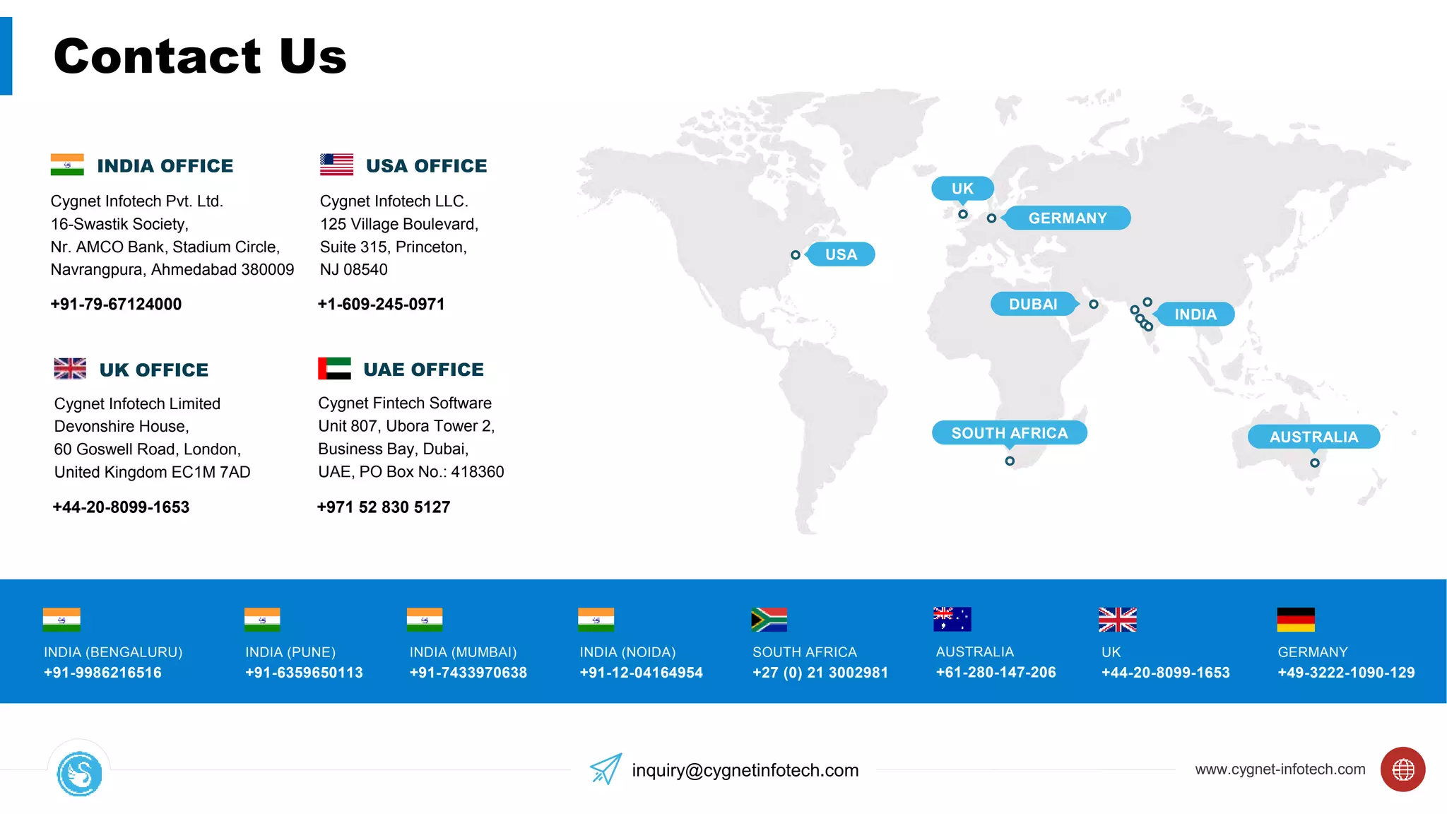 www.cygnet-infotech.com
USA
GERMANY
UK
SOUTH AFRICA
DUBAI
INDIA
AUSTRALIA
INDIA (PUNE)
+91-6359650113
INDIA (MUMBAI)
+91-7433970638
INDIA (NOIDA)
+91-12-04164954
SOUTH AFRICA
+27 (0) 21 3002981
AUSTRALIA
+61-280-147-206
UK
+44-20-8099-1653
GERMANY
+49-3222-1090-129
INDIA (BENGALURU)
+91-9986216516
INDIA OFFICE
Cygnet Infotech Pvt. Ltd.
16-Swastik Society,
Nr. AMCO Bank, Stadium Circle,
Navrangpura, Ahmedabad 380009
+91-79-67124000
UAE OFFICE
Cygnet Fintech Software
Unit 807, Ubora Tower 2,
Business Bay, Dubai,
UAE, PO Box No.: 418360
+971 52 830 5127
Cygnet Infotech Limited
Devonshire House,
60 Goswell Road, London,
United Kingdom EC1M 7AD
UK OFFICE
+44-20-8099-1653
Contact Us
inquiry@cygnetinfotech.com
USA OFFICE
Cygnet Infotech LLC.
125 Village Boulevard,
Suite 315, Princeton,
NJ 08540
+1-609-245-0971
 