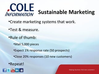 Sustainable Marketing
•Create marketing systems that work.
•Test & measure.
•Rule of thumb:
  •Mail 5,000 pieces
  •Expect 1% response rate (50 prospects)
  •Close 20% responses (10 new customers)

•Repeat!
 