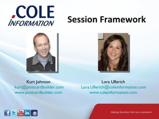 Session Framework




     Kurt Johnson                        Lora Ullerich
kurt@postcardbuilder.com     Lora.Ullerich@coleinformation.com
www.postcardbuilder.com          www.coleinformation.com
 