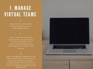 1. MANAGE
VIRTUAL TEAMS
Automation can ease the
communication process
with global teams
With numerous tools that
facilitat...