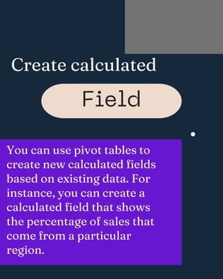 Create calculated
You can use pivot tables to
create new calculated fields
based on existing data. For
instance, you can create a
calculated field that shows
the percentage of sales that
come from a particular
region.
Field
.
 