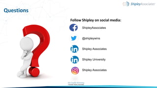 Follow Shipley on social media:
ShipleyAssociates
@shipleywins
Shipley Associates
Shipley University
Shipley Associates
Questions
 