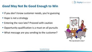 Good May Not Be Good Enough to Win
 If you don’t know customer needs, you’re guessing
 Hope is not a strategy
 Entering the race late? Proceed with caution
 Opportunity qualification is a must on all pursuits
 What message are you sending to the customer?
 