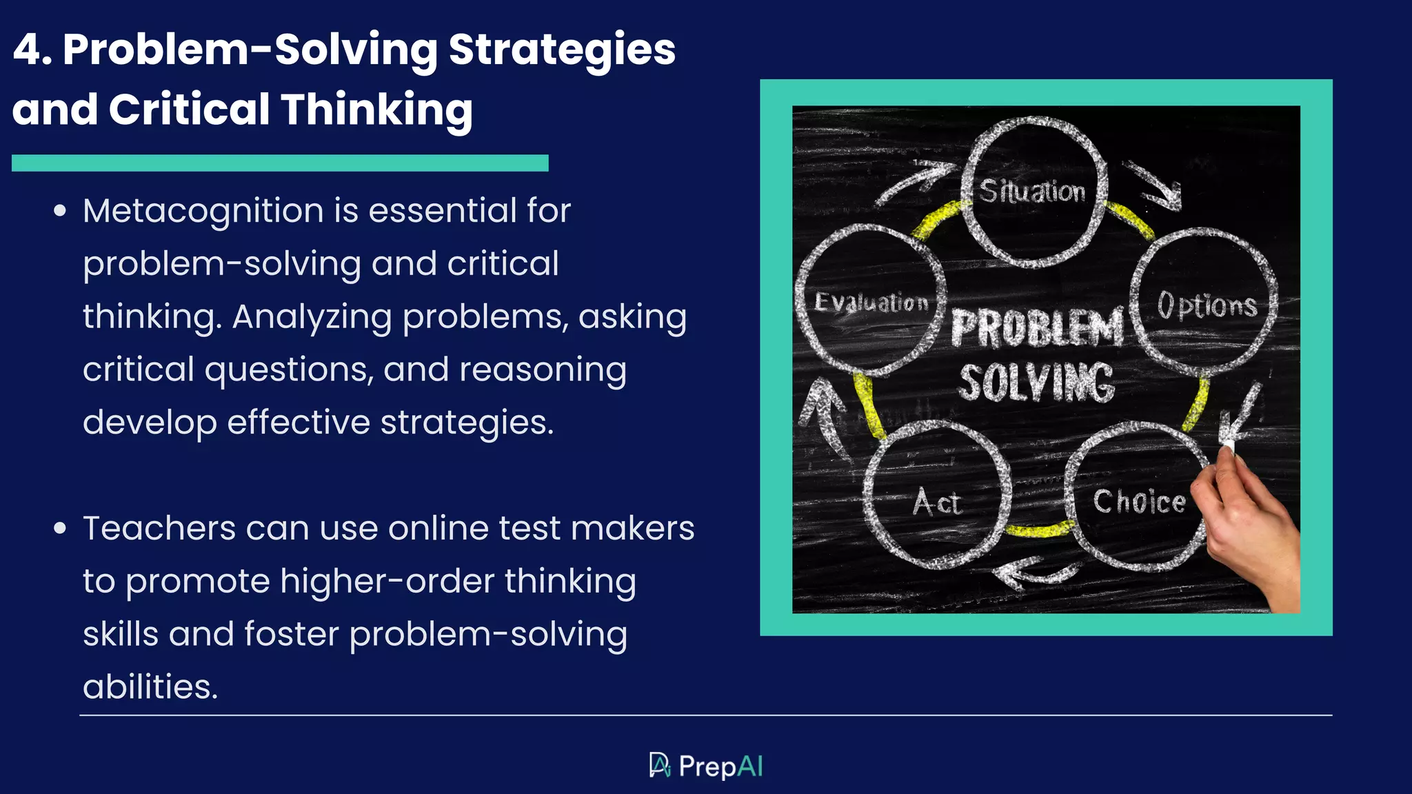 4. Problem-Solving Strategies
and Critical Thinking
Metacognition is essential for
problem-solving and critical
thinking. Analyzing problems, asking
critical questions, and reasoning
develop effective strategies.
Teachers can use online test makers
to promote higher-order thinking
skills and foster problem-solving
abilities.
 