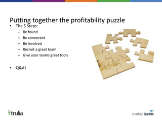 • The 5 Steps:
– Be found
– Be connected
– Be involved
– Recruit a great team
– Give your teams great tools
• Q&A!
Putting together the profitability puzzle
 