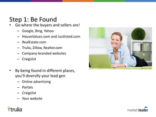 • Go where the buyers and sellers are!
– Google, Bing, Yahoo
– HouseValues.com and Justlisted.com
– RealEstate.com
– Trulia, Zillow, Realtor.com
– Company-branded websites
– Craigslist
• By being found in different places,
you’ll diversify your lead gen
– Online advertising
– Portals
– Craigslist
– Your website
Step 1: Be Found
 