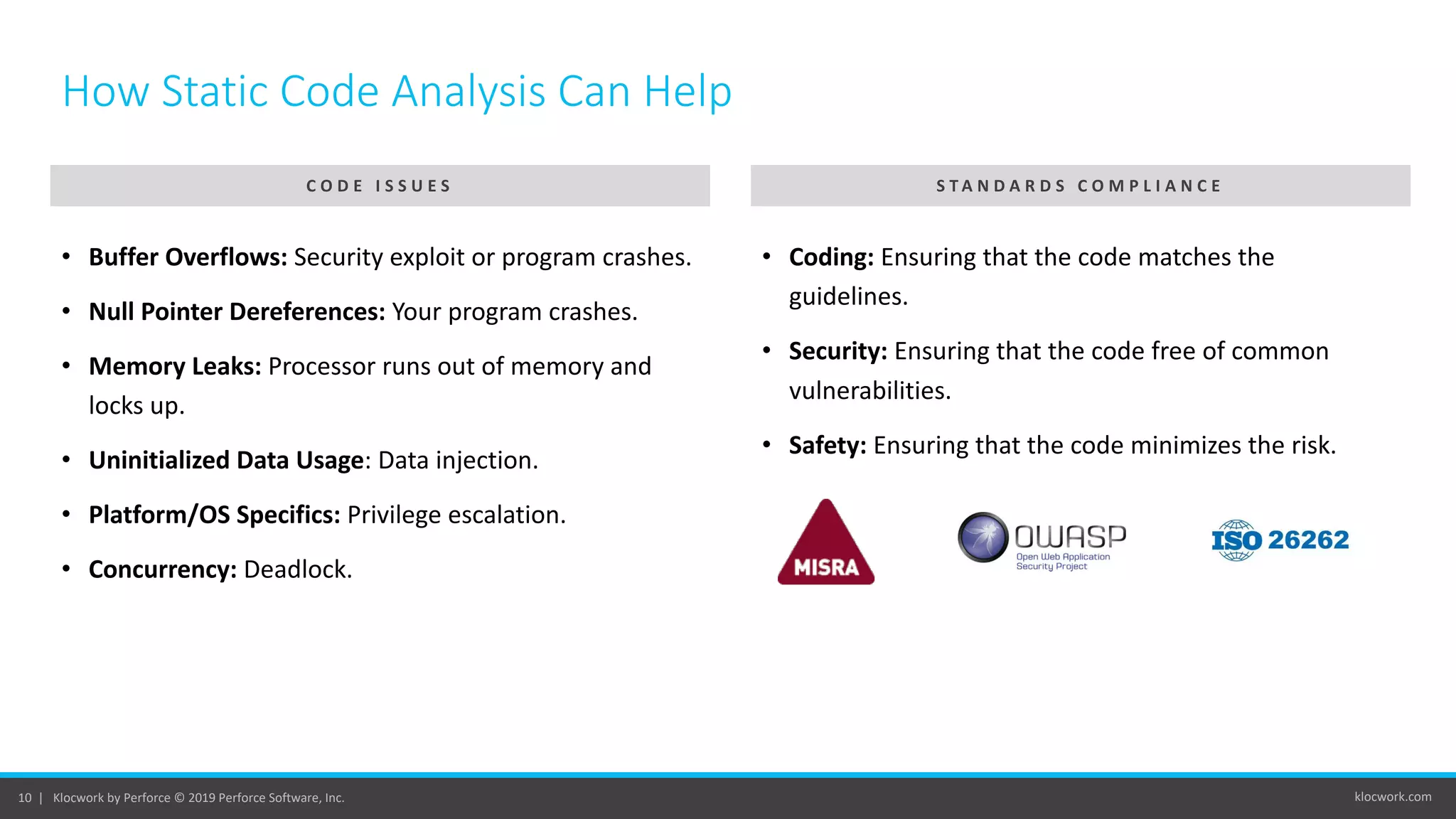 klocwork.com10 | Klocwork by Perforce © 2019 Perforce Software, Inc.
How Static Code Analysis Can Help
• Buffer Overflows: Security exploit or program crashes.
• Null Pointer Dereferences: Your program crashes.
• Memory Leaks: Processor runs out of memory and
locks up.
• Uninitialized Data Usage: Data injection.
• Platform/OS Specifics: Privilege escalation.
• Concurrency: Deadlock.
• Coding: Ensuring that the code matches the
guidelines.
• Security: Ensuring that the code free of common
vulnerabilities.
• Safety: Ensuring that the code minimizes the risk.
C O D E I S S U E S S T A N D A R D S C O M P L I A N C E
 