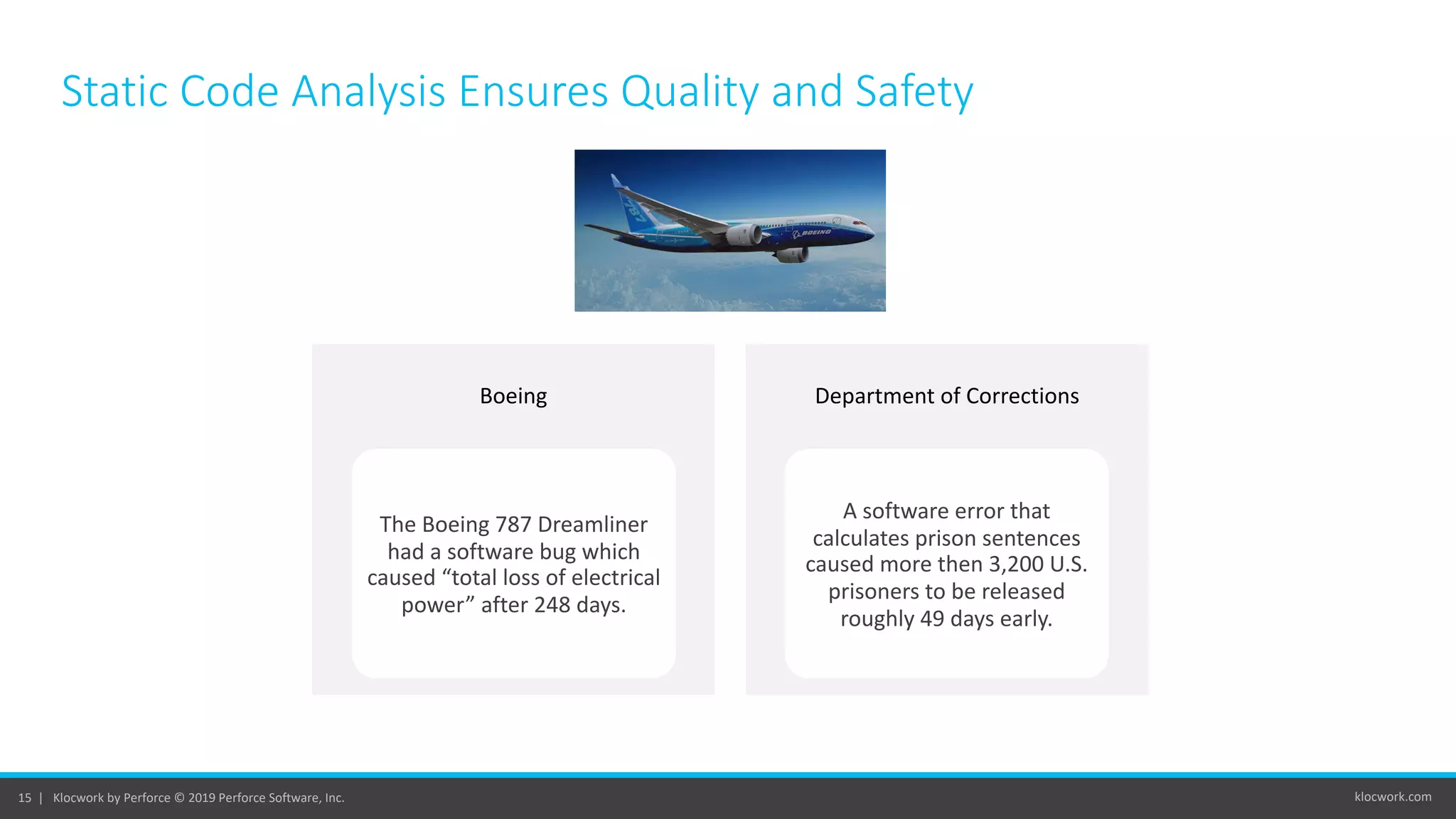 klocwork.com15 | Klocwork by Perforce © 2019 Perforce Software, Inc.
Static Code Analysis Ensures Quality and Safety
Boeing
The Boeing 787 Dreamliner
had a software bug which
caused “total loss of electrical
power” after 248 days.
Department of Corrections
A software error that
calculates prison sentences
caused more then 3,200 U.S.
prisoners to be released
roughly 49 days early.
 