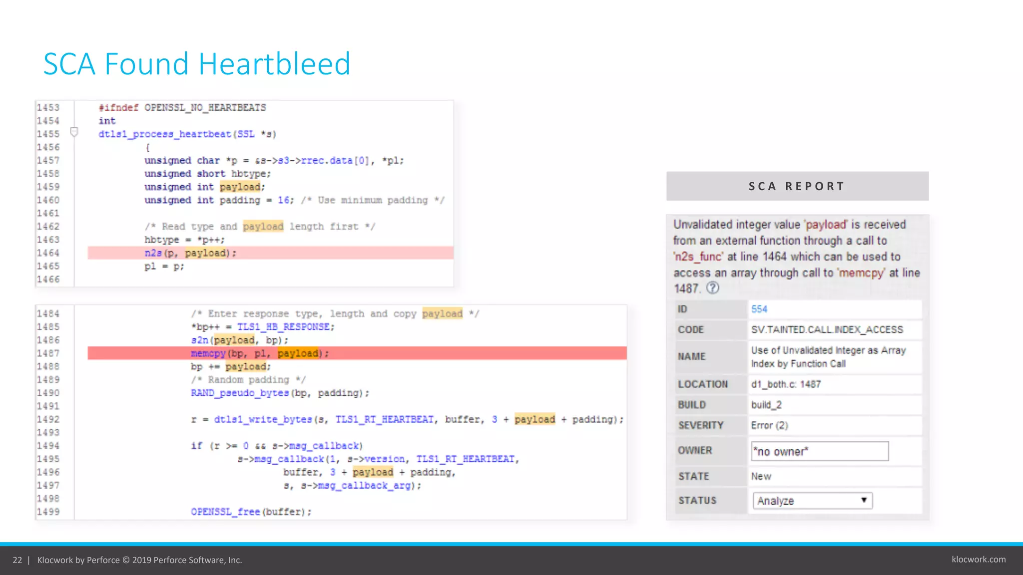 klocwork.com22 | Klocwork by Perforce © 2019 Perforce Software, Inc.
SCA Found Heartbleed
S C A R E P O R T
 