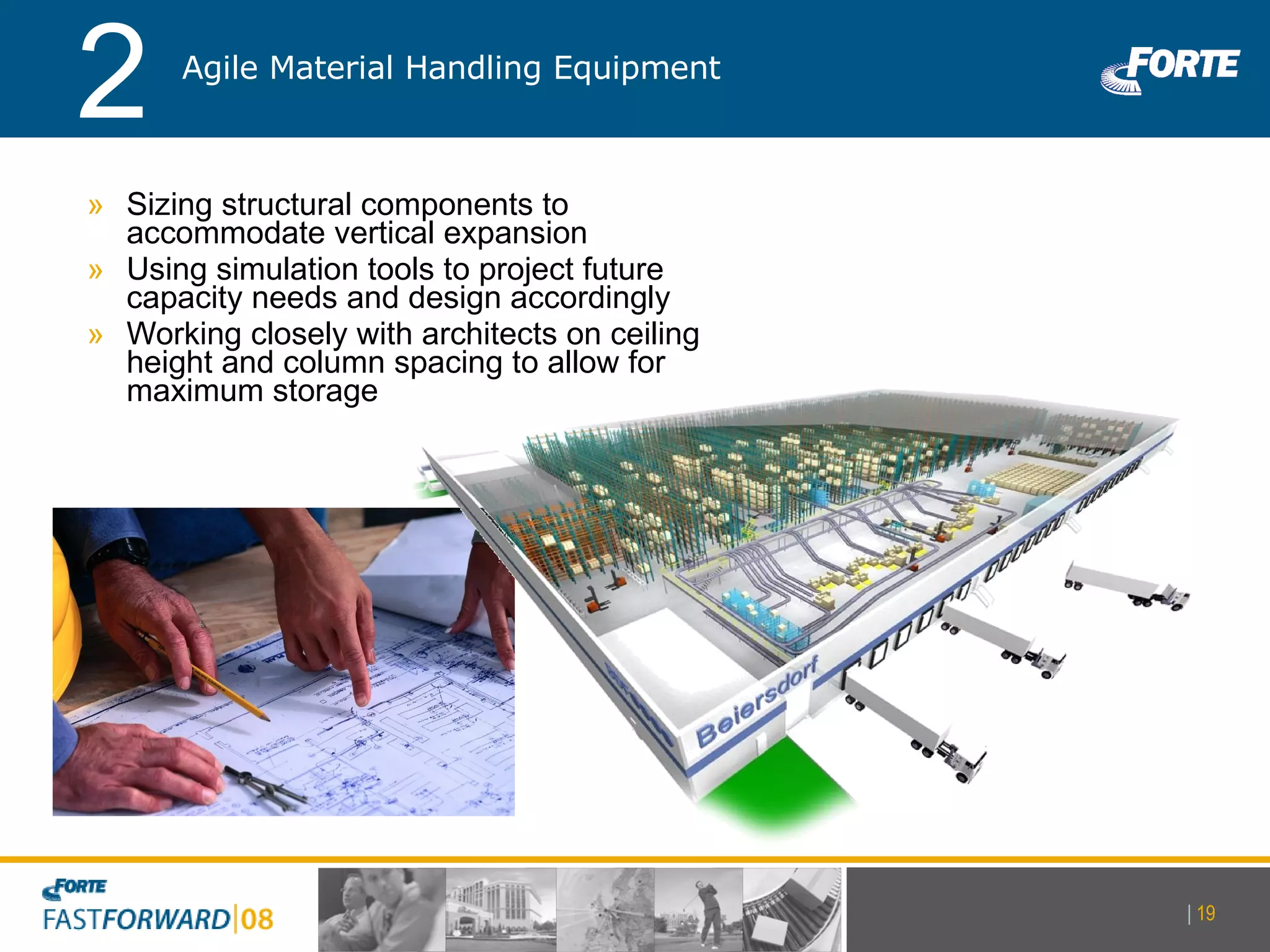 Sizing structural components to accommodate vertical expansion Using simulation tools to project future capacity needs and design accordingly Working closely with architects on ceiling height and column spacing to allow for maximum storage Agile Material Handling Equipment 2 |   