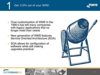 Over-customization of WMS in the 1990’s has left many companies with legacy applications that no longer meet their needs New generation of WMS features Service Oriented Architecture (SOA) SOA allows for configuration of software while still making  upgrades practical Get 110% out of your WMS! 1 |   