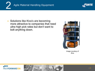 Solutions like Kiva’s are becoming more attractive to companies that need ultra high pick rates but don’t want to bolt anything down. Image courtesy of Kiva Agile Material Handling Equipment 2 |   