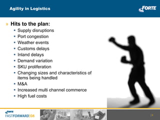 Agility in Logistics Hits to the plan: Supply disruptions Port congestion Weather events Customs delays Inland delays Demand variation SKU proliferation Changing sizes and characteristics of items being handled M&A Increased multi channel commerce High fuel costs |   