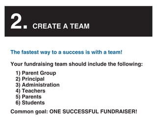 2.      CREATE A TEAM


The fastest way to a success is with a team!

Your fundraising team should include the following:
...