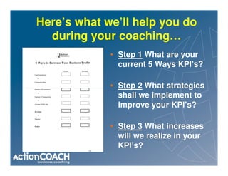 Here’s what we’ll help you do
  during your coaching…
             • Step 1 What are your
               current 5 Ways KPI’s?

             • Step 2 What strategies
               shall we implement to
               improve your KPI’s?

             • Step 3 What increases
               will we realize in your
               KPI’s?
 