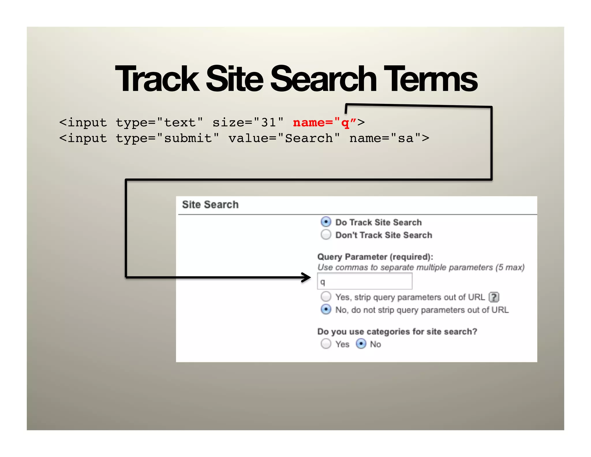 Track Site Search Terms
<input type="text" size="31" name="q”>!
<input type="submit" value="Search" name="sa">!
 