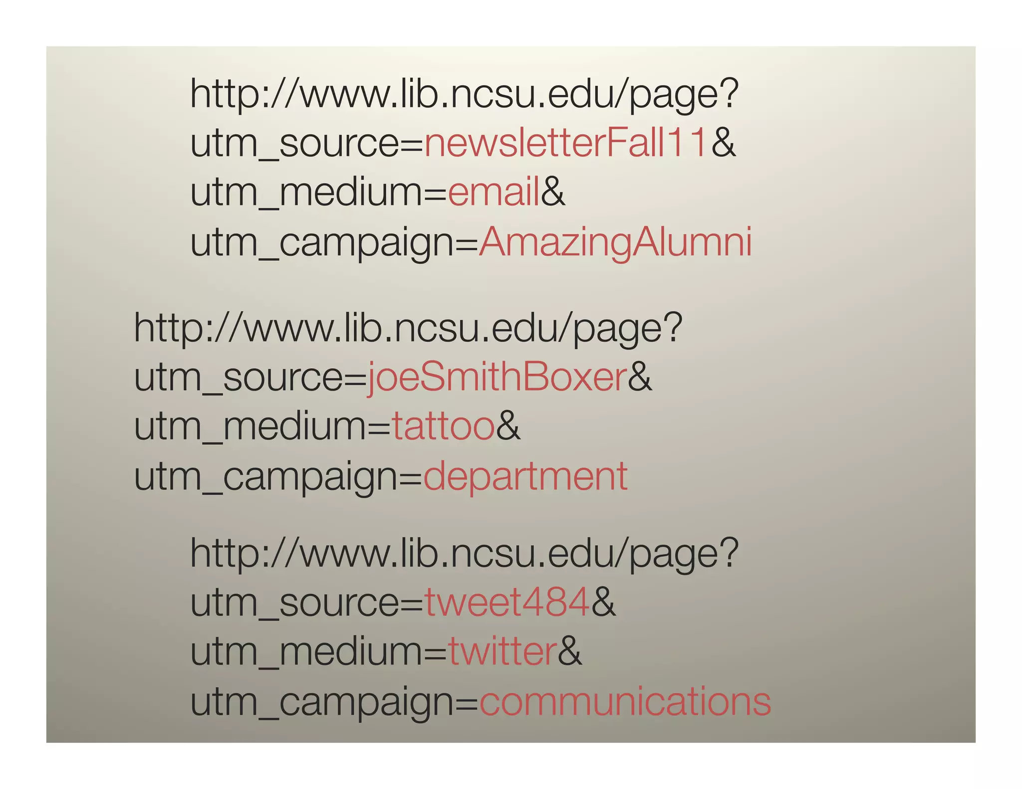 http://www.lib.ncsu.edu/page?"
   utm_source=newsletterFall11&"
   utm_medium=email&"
   utm_campaign=AmazingAlumni

http://www.lib.ncsu.edu/page?"
utm_source=joeSmithBoxer&"
utm_medium=tattoo&"
utm_campaign=department
   http://www.lib.ncsu.edu/page?"
   utm_source=tweet484&"
   utm_medium=twitter&"
   utm_campaign=communications
 