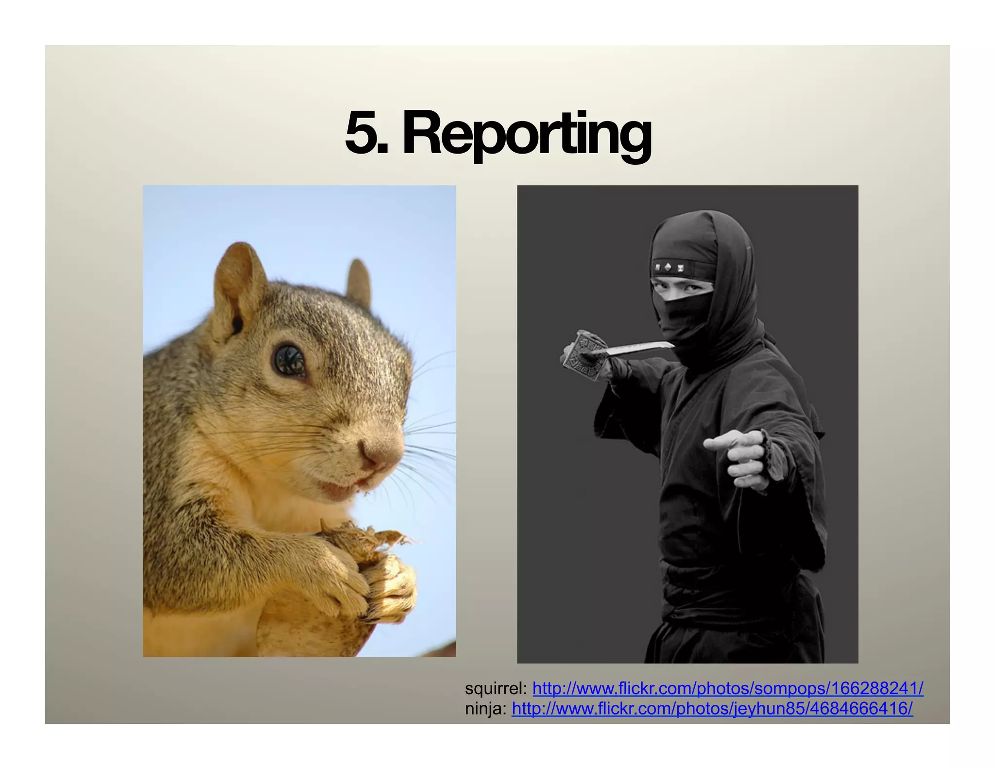 5. Reporting




    squirrel: http://www.flickr.com/photos/sompops/166288241/
    ninja: http://www.flickr.com/photos/jeyhun85/4684666416/
 