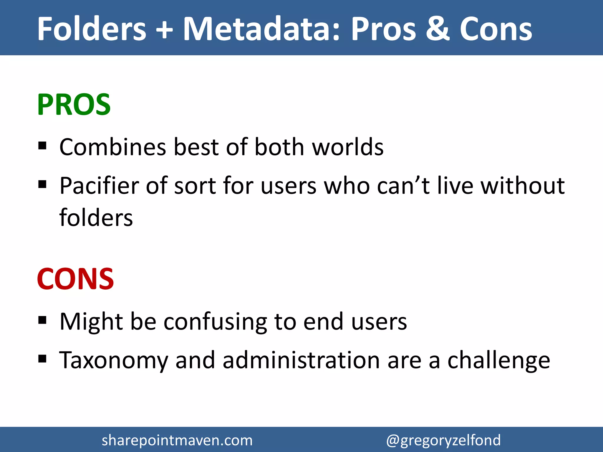 sharepointmaven.com @gregoryzelfondsharepointmaven.com @gregoryzelfond
Option 3: Folders + Metadata
+ =
 