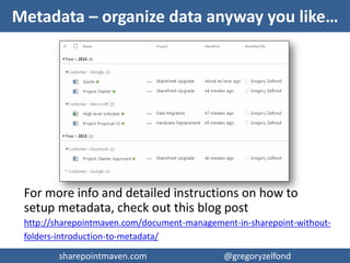 sharepointmaven.com @gregoryzelfondsharepointmaven.com @gregoryzelfond
12 Reasons for NOT using Folders
1. Usability
2. URL length limitation
3. Moving File URL
4. Security
5. User experience
6. File duplication
7. 1 Lonely View
8. Can’t Sort & Filter
9. Change is hard
10. Lost documents
11. Navigation
12. Cost
For more info and detailed description on above
reasons, check out this blog post
http://sharepointmaven.com/12-reasons-folders-sharepoint-bad-idea/
 