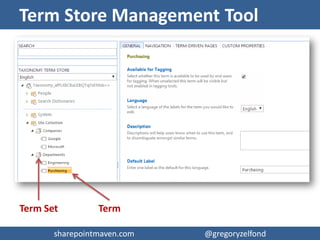 sharepointmaven.com @gregoryzelfondsharepointmaven.com @gregoryzelfond
More on Managed Metadata
 Taxonomy – a formal classification system. A
taxonomy groups the words, labels, and terms
that describe something, and then arranges
the groups into a hierarchy
 Folksonomy – an informal classification
system. It evolves gradually as web site users
collaborate on words, labels, and terms on a
site (via tagging)
 