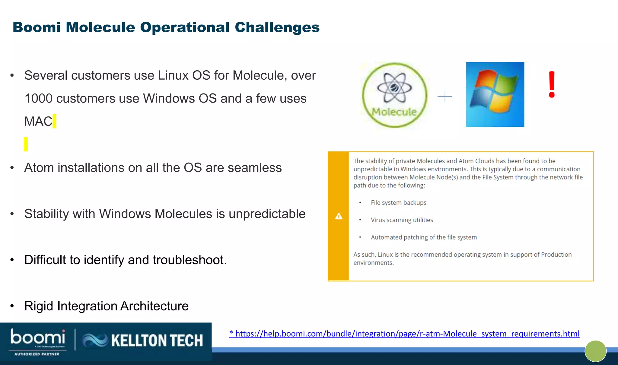 Boomi Molecule Operational Challenges
• Several customers use Linux OS for Molecule, over
1000 customers use Windows OS and a few uses
MAC
• Atom installations on all the OS are seamless
• Stability with Windows Molecules is unpredictable
• Difficult to identify and troubleshoot.
• Rigid Integration Architecture
!
* https://help.boomi.com/bundle/integration/page/r-atm-Molecule_system_requirements.html
 