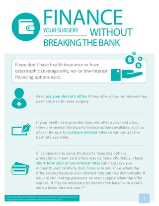 FINANCEYOUR SURGERY
BREAKINGTHEBANK
WITHOUT
First, ask your doctor’s office
short-term zero or low-interest rates
compare interest rates so you can get the
4
 