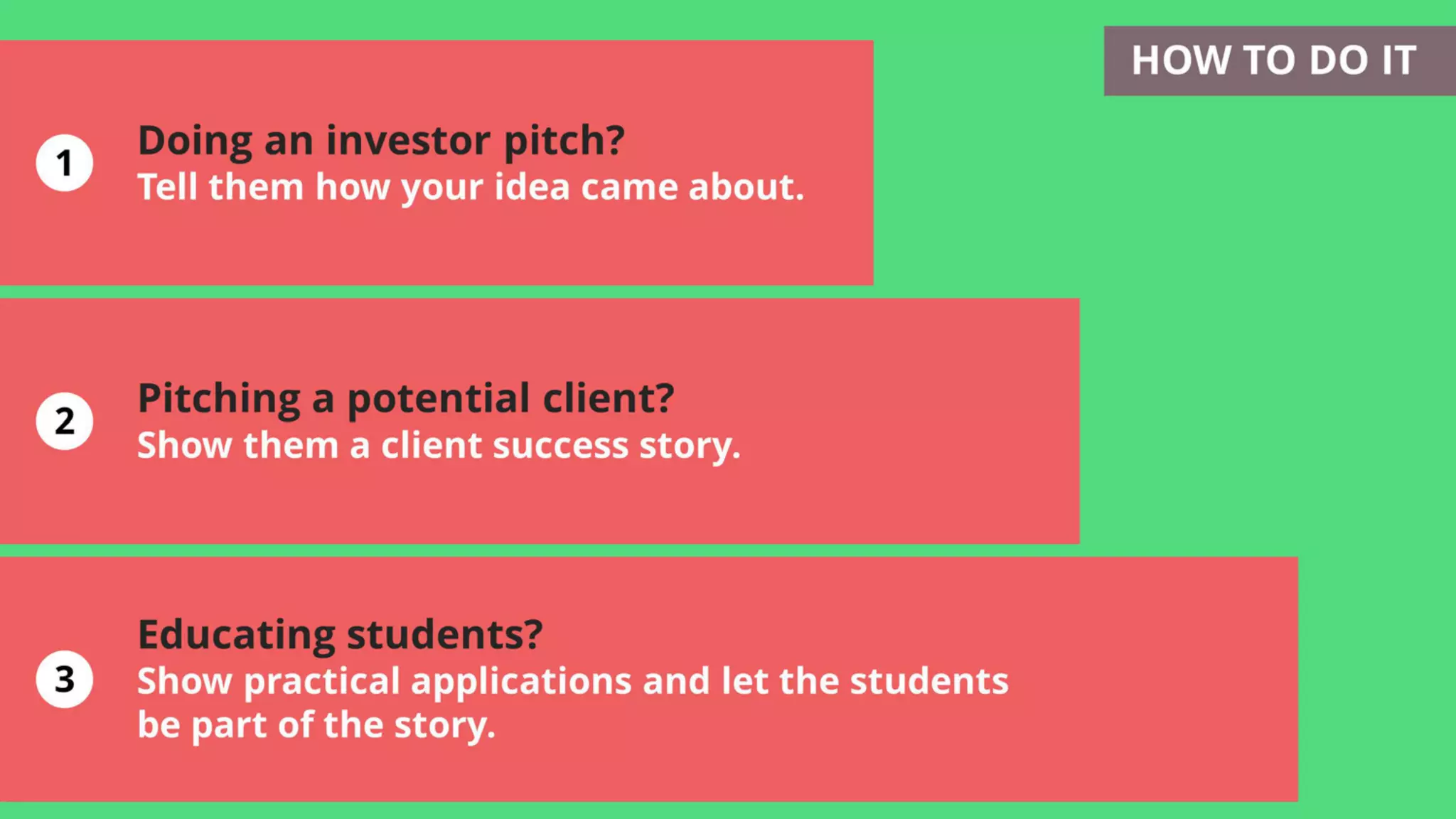 1
2
3
Educating students?
Show practical applications and let the students
be part of the story.
Doing an investor pitch?
Tell them how your idea came about.
Pitching a potential client?
Show them a client success story.
HOW TO DO IT
 