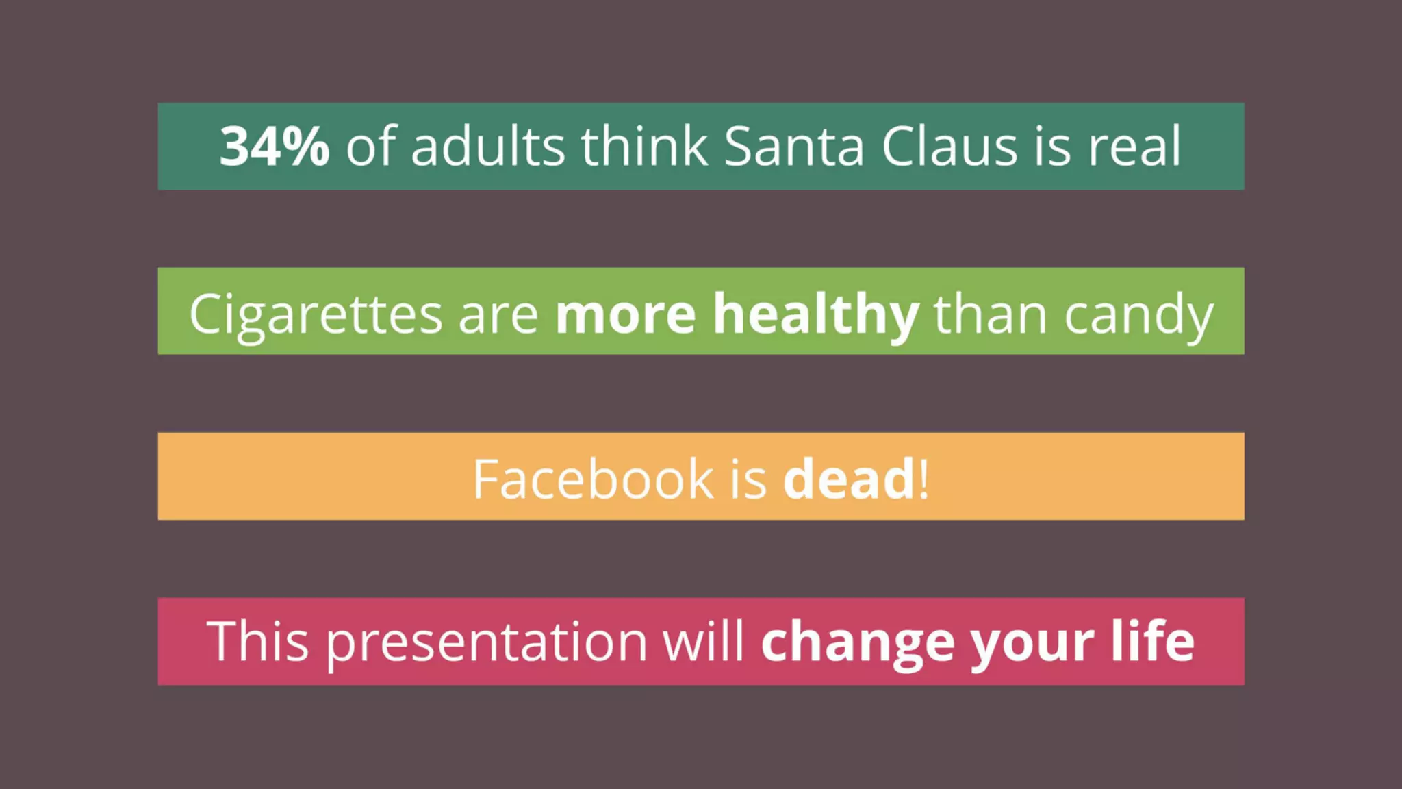 34% of adults think Santa Claus is real
Facebook is dead!
This presentation will change your life
Cigarettes are more healthy than candy
 