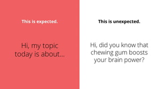 This is expected. This is unexpected.
Hi, my topic
today is about…
Hi, did you know that
chewing gum boosts
your brain power?
 