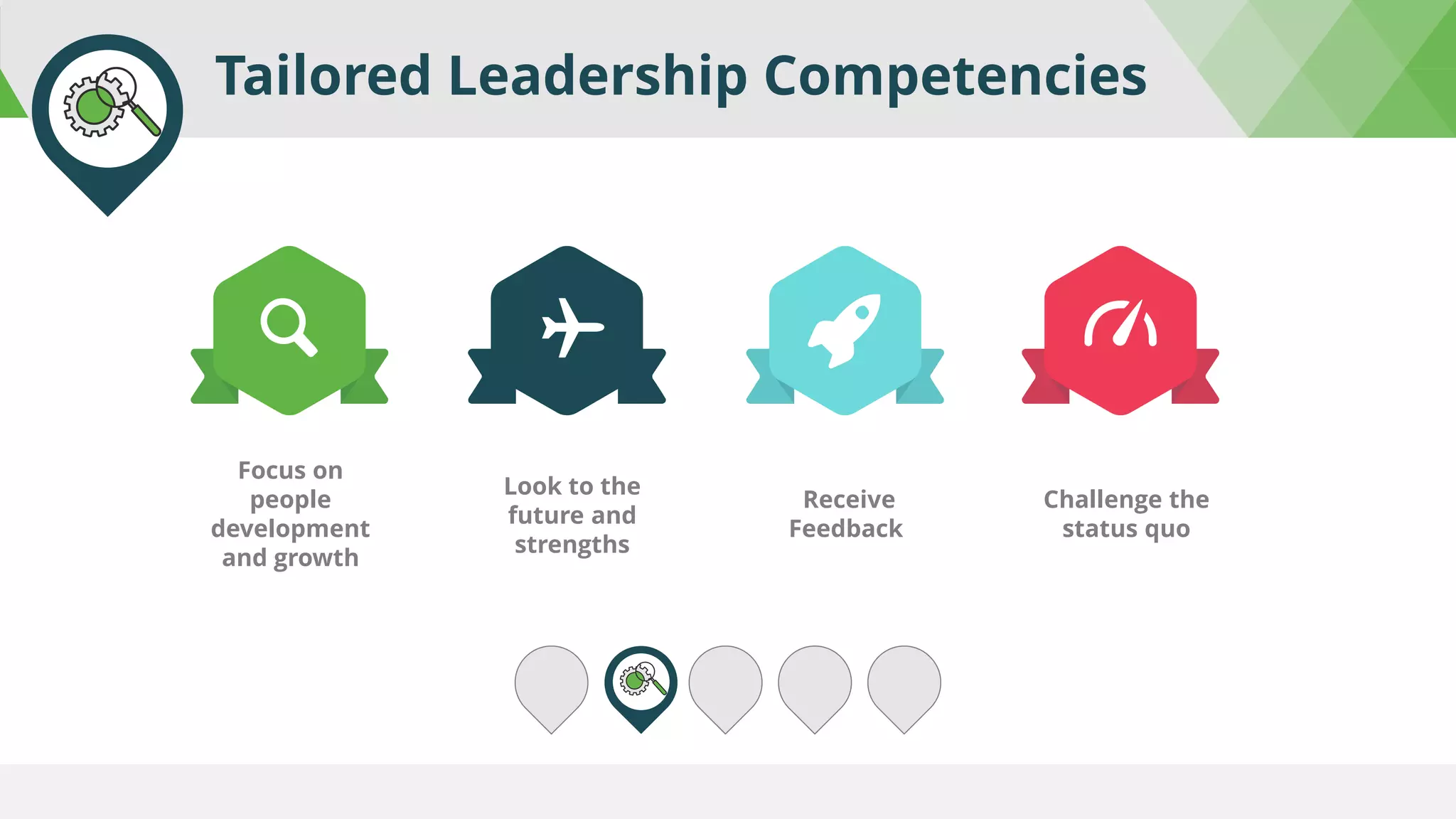 Focus on
people
development
and growth
Look to the
future and
strengths
Receive
Feedback
Challenge the
status quo
Tailored Leadership Competencies
 