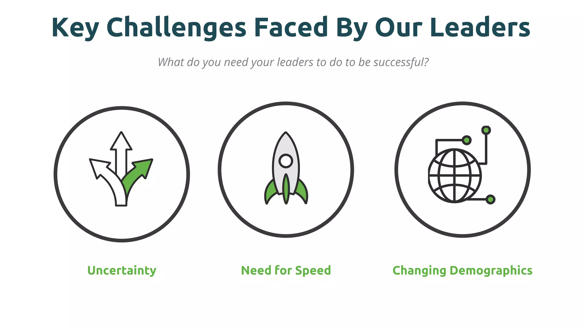 What do you need your leaders to do to be successful?
Key Challenges Faced By Our Leaders
Uncertainty Changing DemographicsNeed for Speed
 