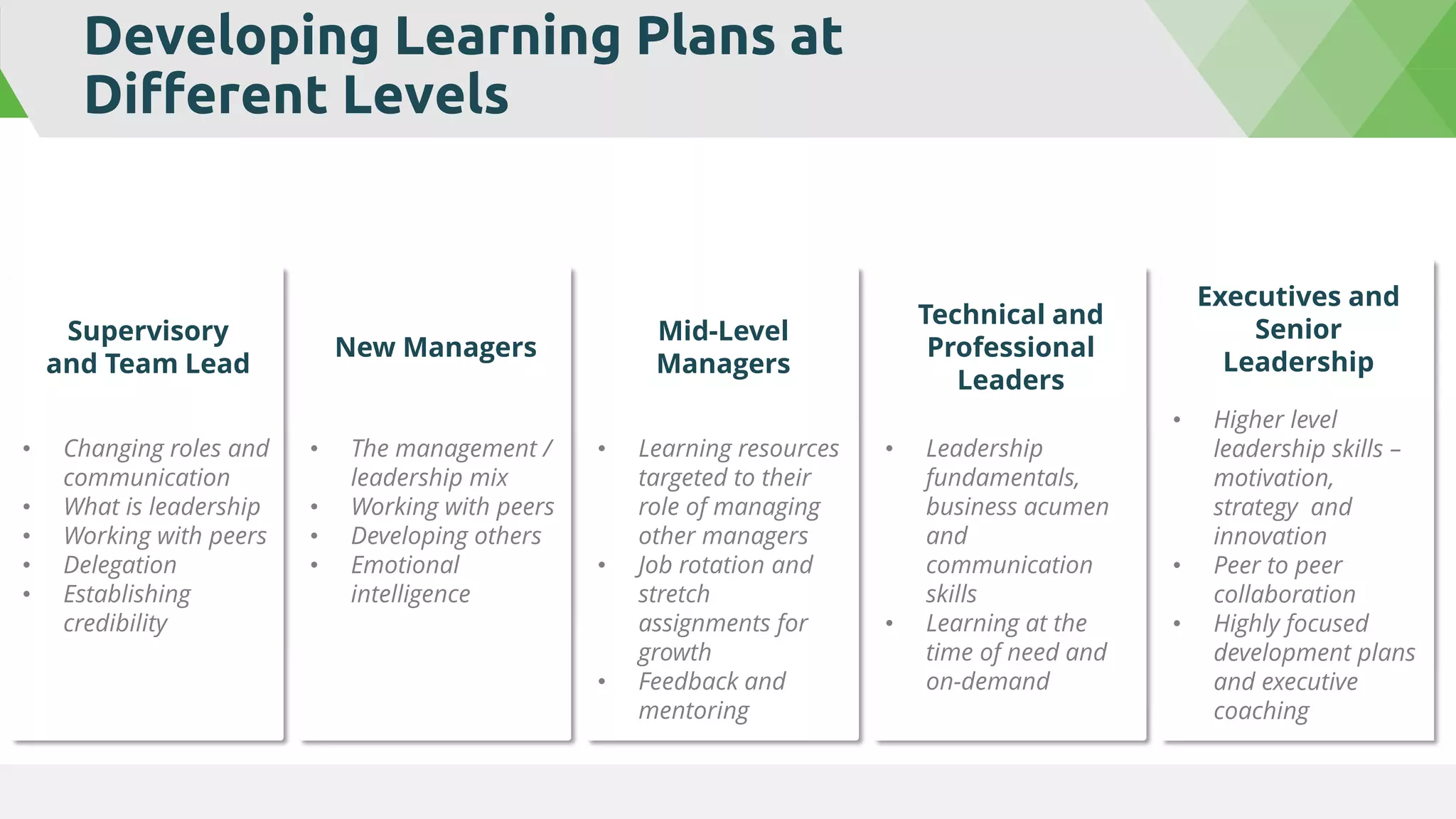 Supervisory
and Team Lead
• Changing roles and
communication
• What is leadership
• Working with peers
• Delegation
• Establishing
credibility
New Managers
• The management /
leadership mix
• Working with peers
• Developing others
• Emotional
intelligence
Mid-Level
Managers
• Learning resources
targeted to their
role of managing
other managers
• Job rotation and
stretch
assignments for
growth
• Feedback and
mentoring
Technical and
Professional
Leaders
• Leadership
fundamentals,
business acumen
and
communication
skills
• Learning at the
time of need and
on-demand
Executives and
Senior
Leadership
• Higher level
leadership skills –
motivation,
strategy and
innovation
• Peer to peer
collaboration
• Highly focused
development plans
and executive
coaching
Developing Learning Plans at
Different Levels
 